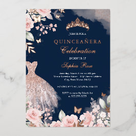 Navy Roos Gold Blush Jurk Bloemen Quinceanera Folie Uitnodiging