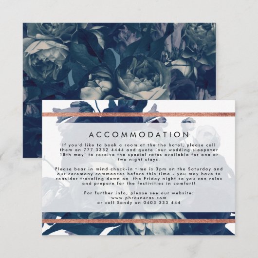 Navy Roos Gold Bouquet Wedding Detail Card RSVP Kaartje (Voorkant / Achterkant)