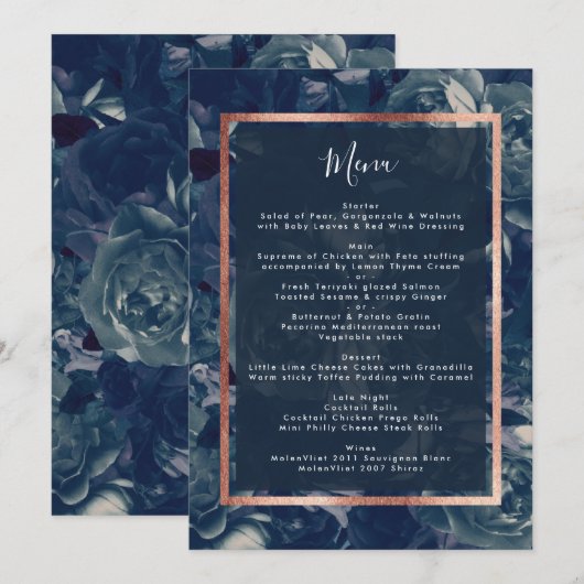 Navy Roos Gold Bouquet Wedding Menu (Voorkant / Achterkant)