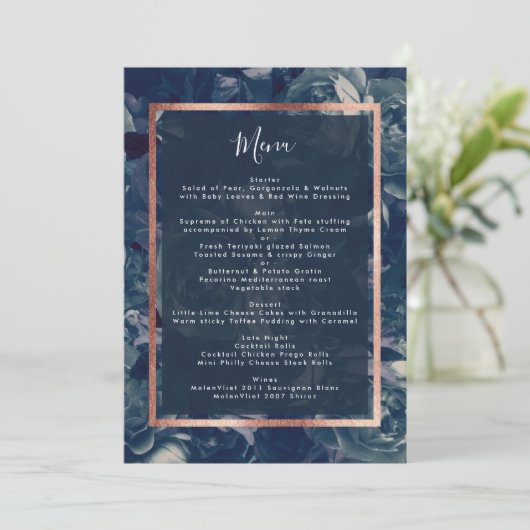 Navy Roos Gold Bouquet Wedding Menu (Staand voorkant)