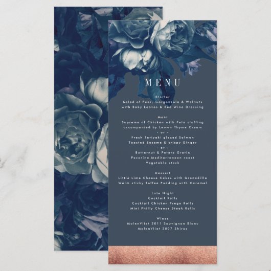 Navy Roos Gold Bouquet Wedding Menu (Voorkant / Achterkant)
