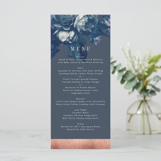 Navy Roos Gold Bouquet Wedding Menu (Staand voorkant)