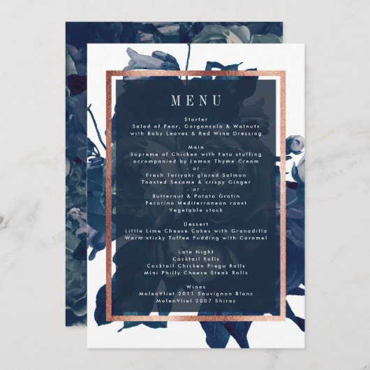 Navy Roos Gold Bouquet Wedding Menu (Voorkant / Achterkant)