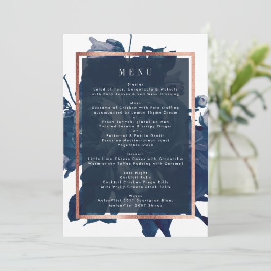 Navy Roos Gold Bouquet Wedding Menu (Staand voorkant)