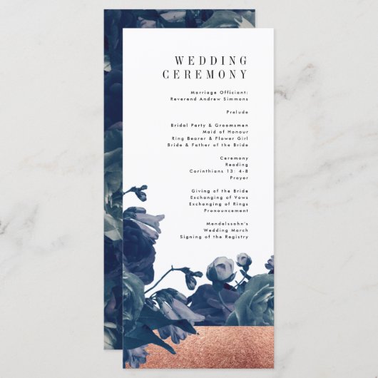 Navy Roos Gold Bouquet Wedding Program Programmakaart (Voorkant / Achterkant)