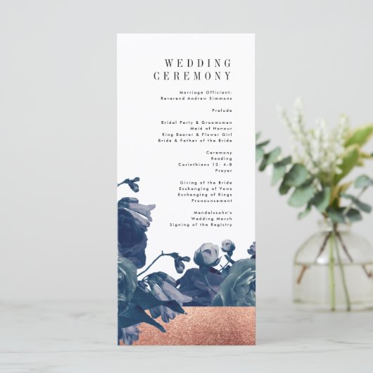 Navy Roos Gold Bouquet Wedding Program Programmakaart (Staand voorkant)
