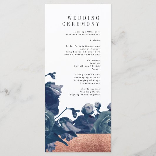Navy Roos Gold Bouquet Wedding Program Programmakaart (Voorkant)