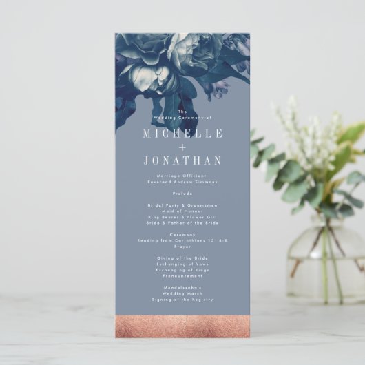 Navy Roos Gold Bouquet Wedding Program Programmakaart (Staand voorkant)