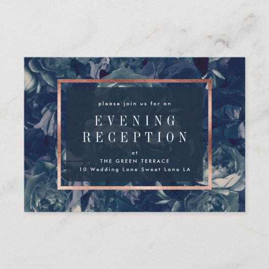 Navy Roos Gold Bouquet Wedding Reception Card Informatiekaartje (Voorkant)