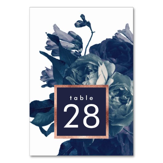 Navy Roos Gold Bouquet Wedding Table Numbers Kaart (Voorkant)