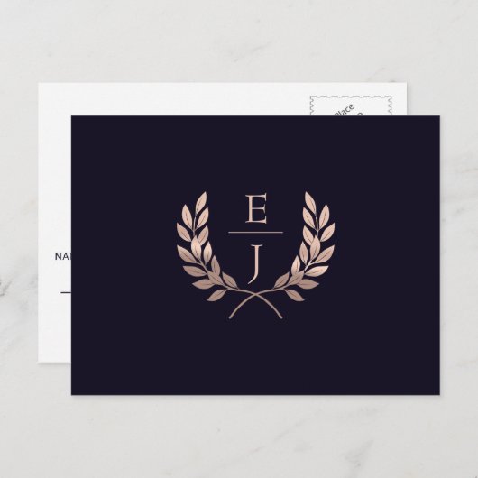 Navy Roos Gold Classic Monogram Wedding rsvp Uitnodiging Briefkaart (Voorkant / Achterkant)