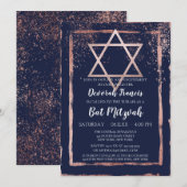 Navy Roos Gold Confetti Brushstroke Bat Mitzvah Kaart (Voorkant / Achterkant)