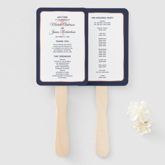 Navy Roos Gold Copper Palm Tree Wedding Program Handwaaier (Voorkant en achterkant)