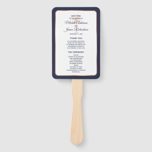 Navy Roos Gold Copper Palm Tree Wedding Program Handwaaier (Voorkant)