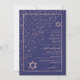 Navy Roos Gold Diagonal Confetti Bat Mitzvah Kaart