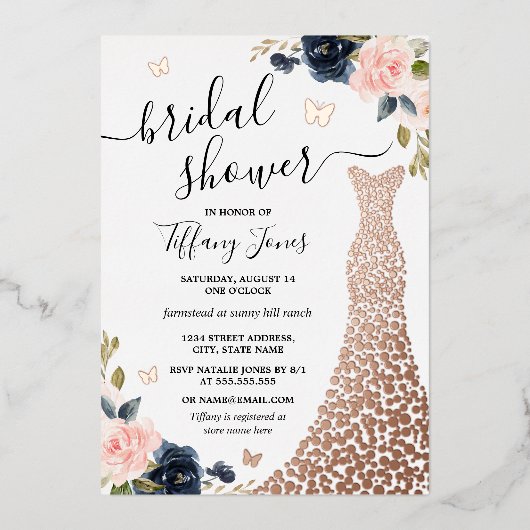 Navy Roos Gold Dress Vrijgezellenfeest Folie Folie Uitnodiging (Voorkant)