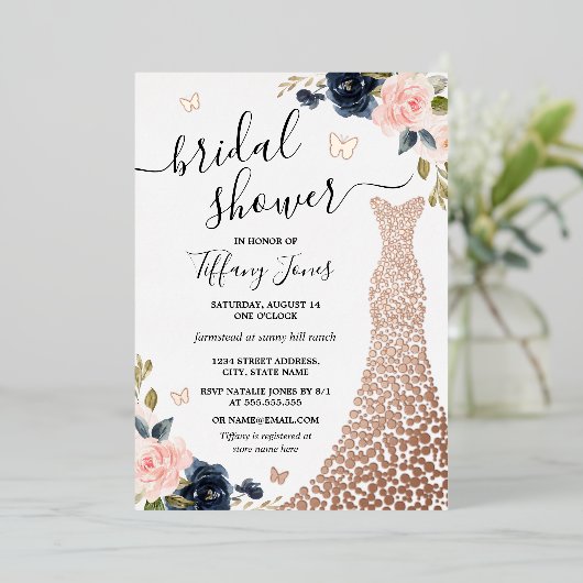 Navy Roos Gold Dress Vrijgezellenfeest Folie Folie Uitnodiging (Staand Voorkant)