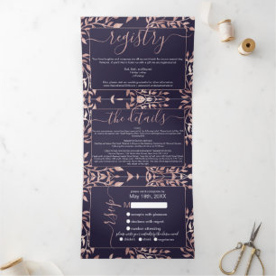 Navy Roos Gold Floral Leaves Registry Detail RSVP Drieluik Uitnodiging