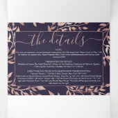 Navy Roos Gold Floral Leaves Registry Detail RSVP Drieluik Uitnodiging (Binnenkant midden)