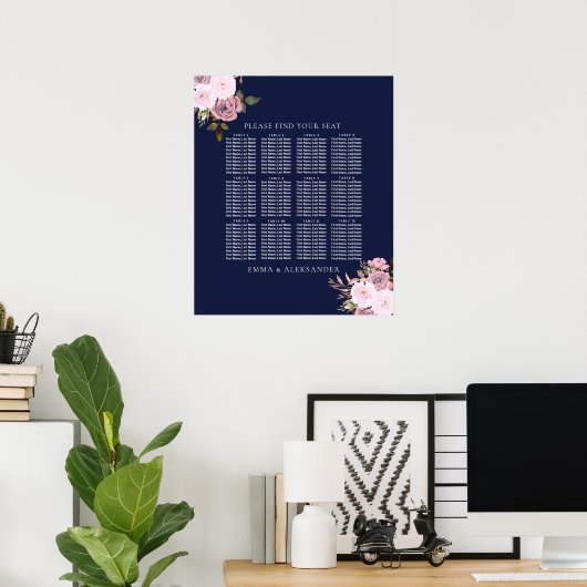 Navy Roos Gold Floral Wedding Table Seating Chart Poster (Thuiskantoor)