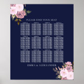 Navy Roos Gold Floral Wedding Table Seating Chart Poster (Voorkant)