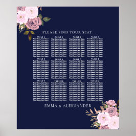Navy Roos Gold Floral Wedding Table Seating Chart Poster