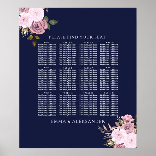 Navy Roos Gold Floral Wedding Table Seating Chart Poster (Voorkant)