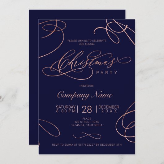 Navy roos gold floury script kerst corporate kaart (Voorkant / Achterkant)