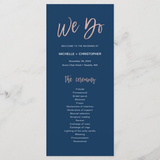 Navy & Roos Gold Glam Chic We doen weddenschap Programmakaart (Voorkant)