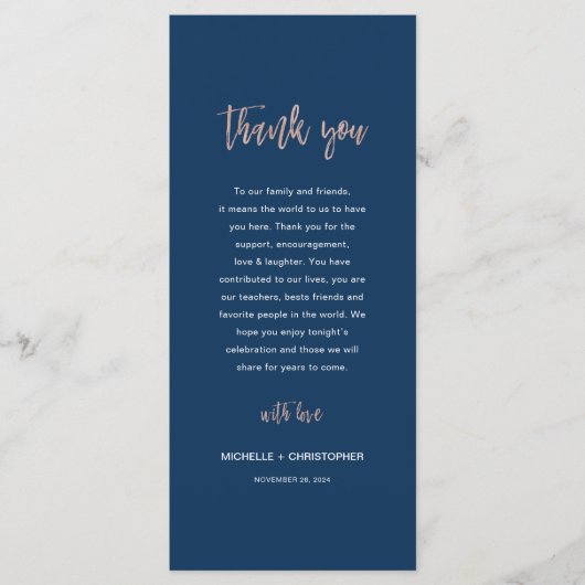 Navy & Roos Gold Glam Chic Weddenschap Hartelijk d Menu (Voorkant)