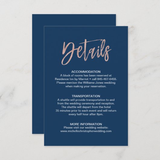 Navy & Roos Gold Glam Chic Wedding Details Invoege Informatiekaartje (Voorkant / Achterkant)