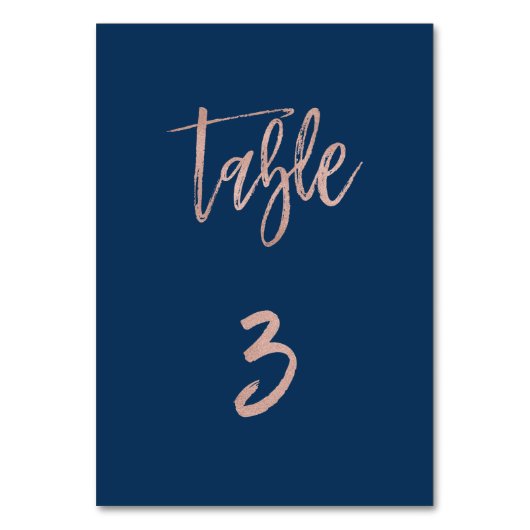 Navy & Roos Gold Glam Chic Wedding Table Number 3 Kaart (Voorkant)