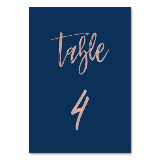 Navy & Roos Gold Glam Chic Wedding Table Number 4 Kaart (Voorkant)