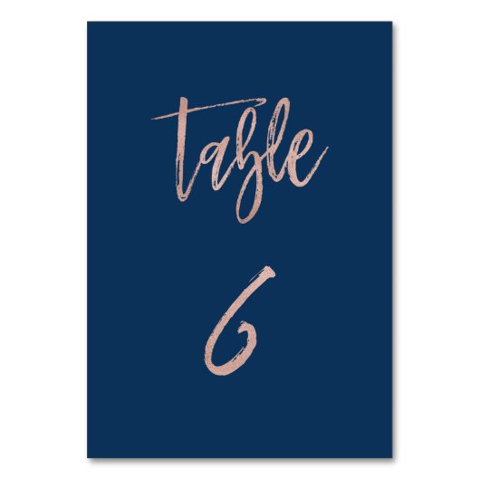 Navy & Roos Gold Glam Chic Wedding Table Number 6 Kaart (Voorkant)
