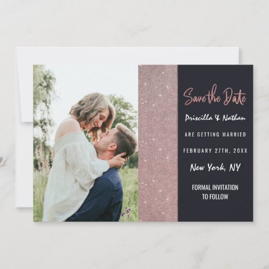 Navy Roos Gold Glitter Color Block Save the Date (Voorkant)