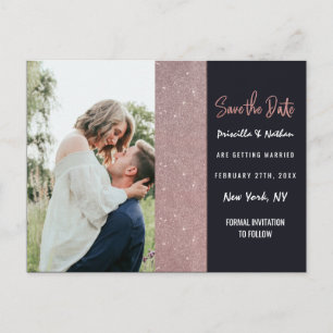 Navy Roos Gold Glitter Color Block Save the Date Aankondigingskaart