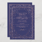 Navy Roos Gold Glitter Confetti Border Birthday Kaart (Voorkant / Achterkant)