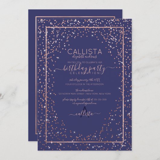 Navy Roos Gold Glitter Confetti Border Birthday Kaart (Voorkant / Achterkant)