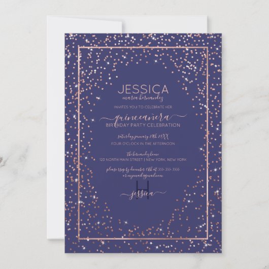 Navy Roos Gold Glitter Confetti Border Quinceañera Kaart (Voorkant)