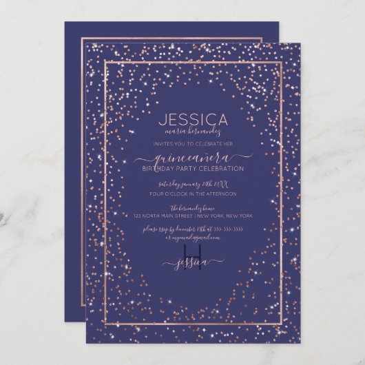 Navy Roos Gold Glitter Confetti Border Quinceañera Kaart (Voorkant / Achterkant)