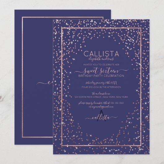 Navy Roos Gold Glitter Confetti Border Sweet 16 Kaart (Voorkant / Achterkant)