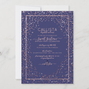 Navy Roos Gold Glitter Confetti Border Sweet 16 Kaart