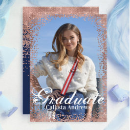 Navy Roos Gold Glitter Confetti Foto Afstuderen Kaart