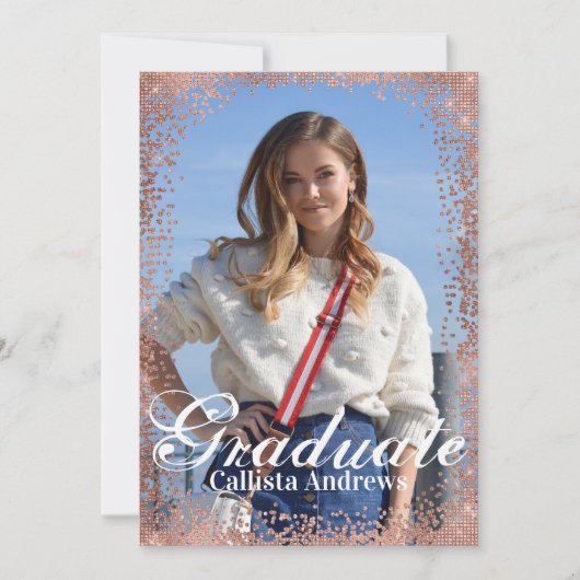 Navy Roos Gold Glitter Confetti Foto Afstuderen Kaart (Voorkant)