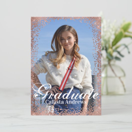 Navy Roos Gold Glitter Confetti Foto Afstuderen Kaart (Staand voorkant)