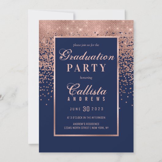 Navy Roos Gold Glitter Confetti Foto Afstuderen Kaart (Achterkant)