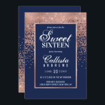 Navy Roos Gold Glitter Confetti Foto Sweet 16 Kaart<br><div class="desc">Deze formele Sweet 16-fotouitnodiging is geïnspireerd door het moderne en trendy kleurenpalet dat is ontstoken met een chic- en glamoureus-vormgeving. Het is elegant en drukwerk voor faux-drukwerk met weinig roos gouden glitter ombre gradiënt confetti met een gouden grens van het roos om de tekst te lijsten, bovenop een eenvoudige blauw...</div>