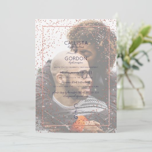 Navy Roos Gold Glitter Confetti Foto Verloving Kaart (Staand voorkant)