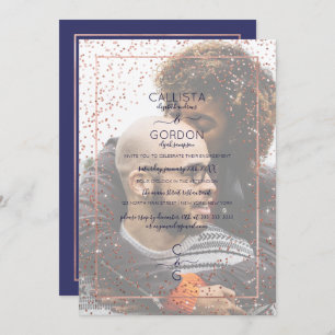 Navy Roos Gold Glitter Confetti Foto Verloving Kaart