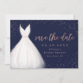 Navy Roos Gold Glitter Elegant Dress Save the Date (Voorkant)